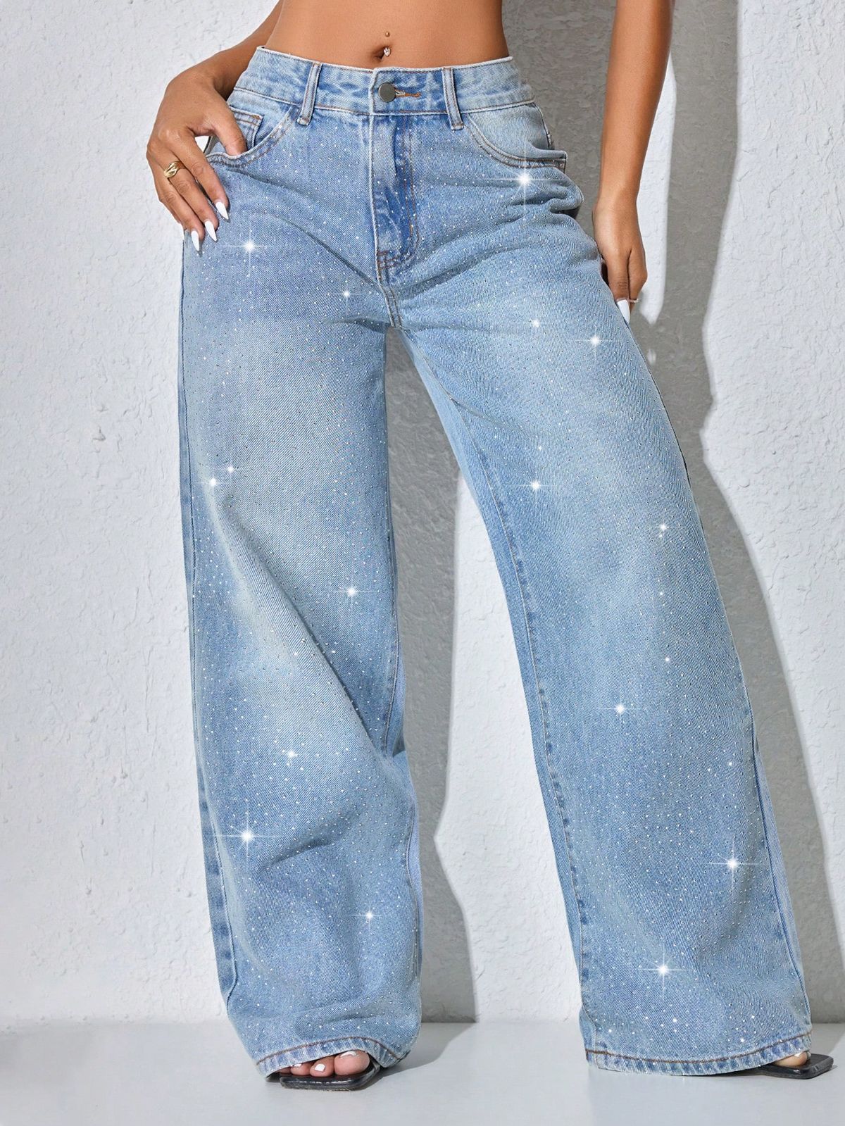 Low-Rise Distressed Jeans For Women – Rhinestone Embellished Button-Fly Straight Leg Denim Pants (S-XXL, 3 Washes)_ecoleips.com