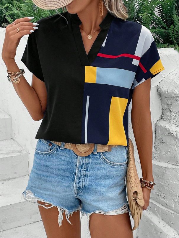 Women's V Neck Printed Loose Fitting Shirt Top Casual Comfortable American Style_ecoleips.com