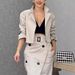 Women’s Clothing Women's Suit Lapel Patchwork No Long Sleeve Top Skirt Two piece Set with Belt_ecoleips.com