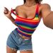 Women's Clothing Dopamine Outerwear Small Camisole Rainbow Stripe Printed Vest Sleeveless Candy Color Short_ecoleips.com