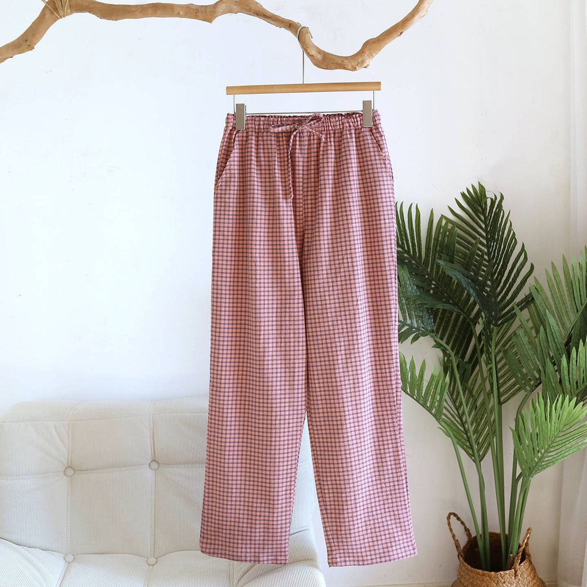 2026 Spring/Summer New Women's Sleeper Pants 100% Cotton Gauze Plaid Loose Casual Home Furnishings For Women's Casual Underwear_ecoleips.com