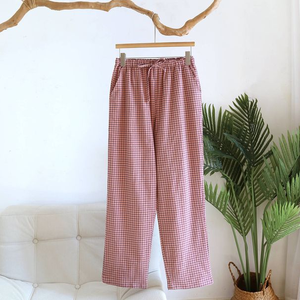 2026 Spring/Summer New Women's Sleeper Pants 100% Cotton Gauze Plaid Loose Casual Home Furnishings For Women's Casual Underwear_ecoleips.com