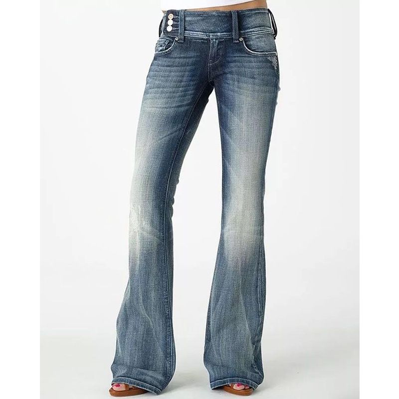 Women's Clothing Retro Side Button Mid Waist Slightly Flared Jeans_ecoleips.com