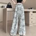 Suitable For All Seasons French Style Printed Linen Wide-Leg For Women, Summer Thin Loose Slimming Lazy Relaxed Ice Silk Straight Pants_ecoleips.com