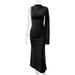 Elegant Asymmetrical Long Sleeve Bodycon Dress - Stretch Polyester Blend, Round Neck, Solid Color, Work-to-Night Versatility (XS/S/M/L)_ecoleips.com