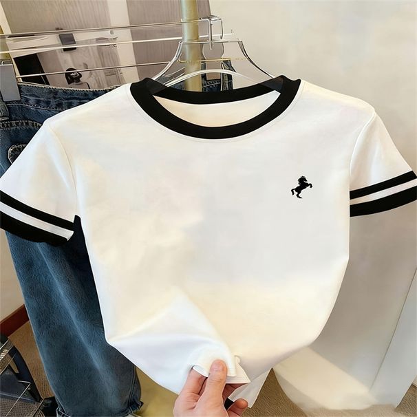 Women's Contrast Color Print T-Shirt Loose Fit Short Sleeve round Neck Casual Top for Daily Wear_ecoleips.com