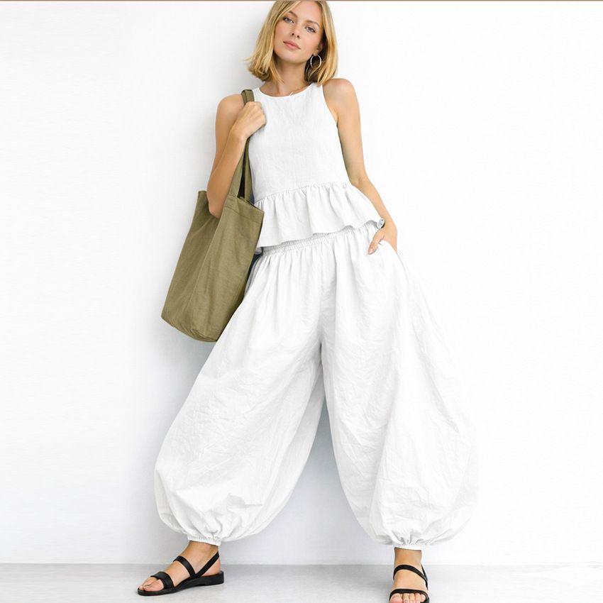 Women's Spring Summer Fashionable Casual Two Piece Set Sleeveless Pleated Top With Lantern Pants Elegant Commuter Suit_ecoleips.com