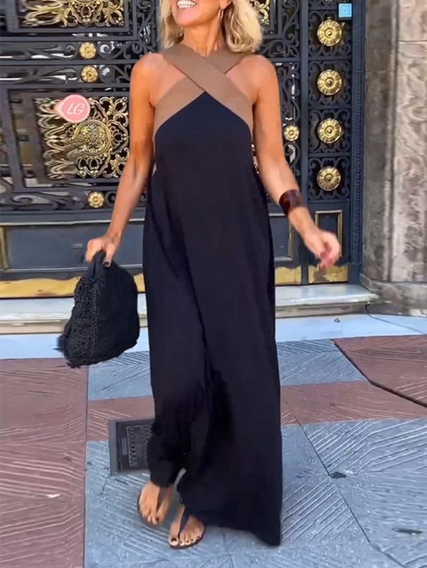 Women's Clothing Spring New Women's Wear Elegant Halter Cross Back Contrast Color Dress_ecoleips.com