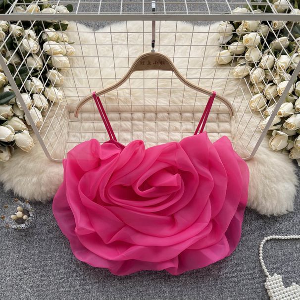 Vacation Style Organza 3D Flower Camisole For Women Summer New Fashionable Unique Versatile Short Top_ecoleips.com