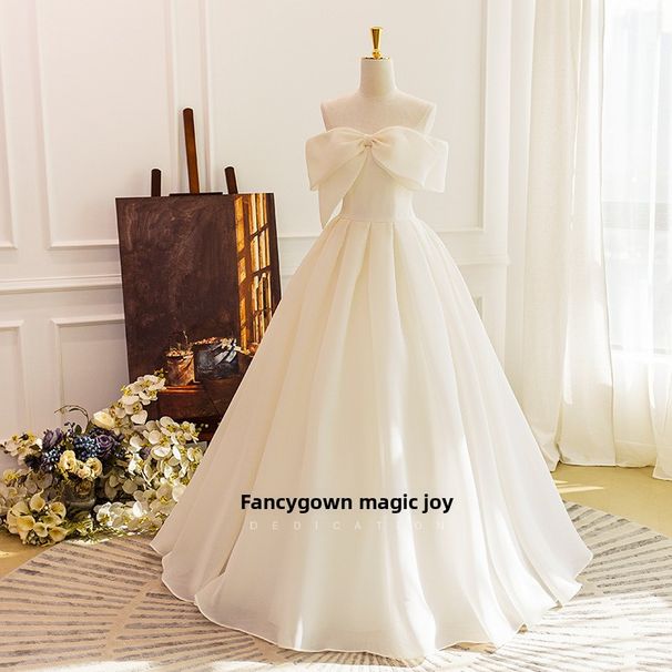 Satin Light Wedding Dress Simple Sweet Bow Off-Shoulder Art Exam Slimming Floor-Lgth Host Banquet Eving Gown For_ecoleips.com