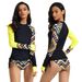 Women's Long-Sleeve Rash Guard & Swim Shorts Set – Geometric Print Surfing Outfit (Sky Blue/Yellow/Watermelon Red) – Upf 50+ Quick-Dry Fabric – S-2xl_ecoleips.com