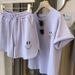 Smiley Face Print Women's Sportswear Set Short Sleeved Top And Shorts Slim Fit Korean Style Casual Two Piece Outfit For Students_ecoleips.com
