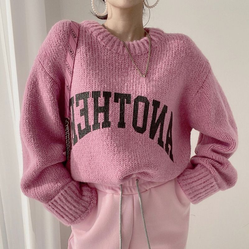 Women's Clothing chic stylish printed letters casual knitted sweater loose candy color versatile thick warm women_ecoleips.com