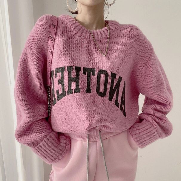 Women's Clothing chic stylish printed letters casual knitted sweater loose candy color versatile thick warm women_ecoleips.com