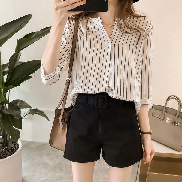 2026 Summer New Korean Fashion Plus Size Crew Neck Striped Shirt Women's Three-Quarter Sleeve Top Loose Casual Shirt_ecoleips.com