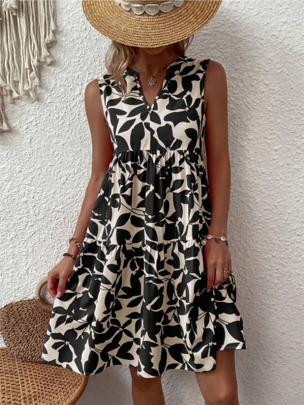 Women's Bohemian-Style Loose-Fitting Dress With V-Neckline, Pleated Design And Printed Pattern_ecoleips.com