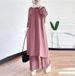2025 Muslim Women's Two-Piece New Solid Color Long Sleeve Round Neck Shirt Robe Loose Wide-Leg Pants Set_ecoleips.com