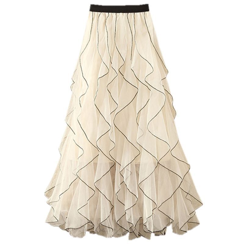Elegant Wave-Patterned Chiffon High-Waist A-Line Skirt With Ruffled Hem - Versatile Midi Skirt For Women_ecoleips.com