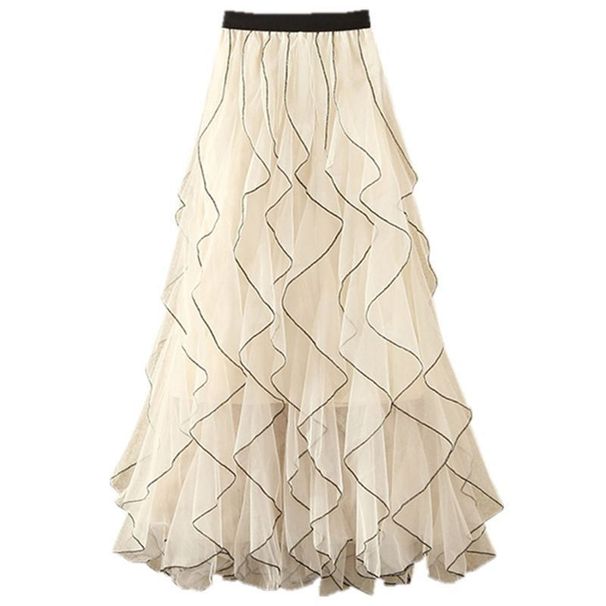 Elegant Wave-Patterned Chiffon High-Waist A-Line Skirt With Ruffled Hem - Versatile Midi Skirt For Women_ecoleips.com