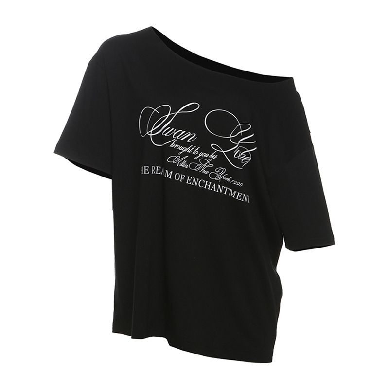 Summer New Women's Clothing American Street Fashion Letter Printed Slanted Shoulder Short Sleeve Loose T-Shirt Top_ecoleips.com
