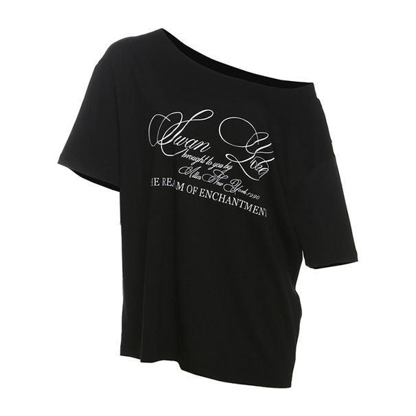 Summer New Women's Clothing American Street Fashion Letter Printed Slanted Shoulder Short Sleeve Loose T-Shirt Top_ecoleips.com