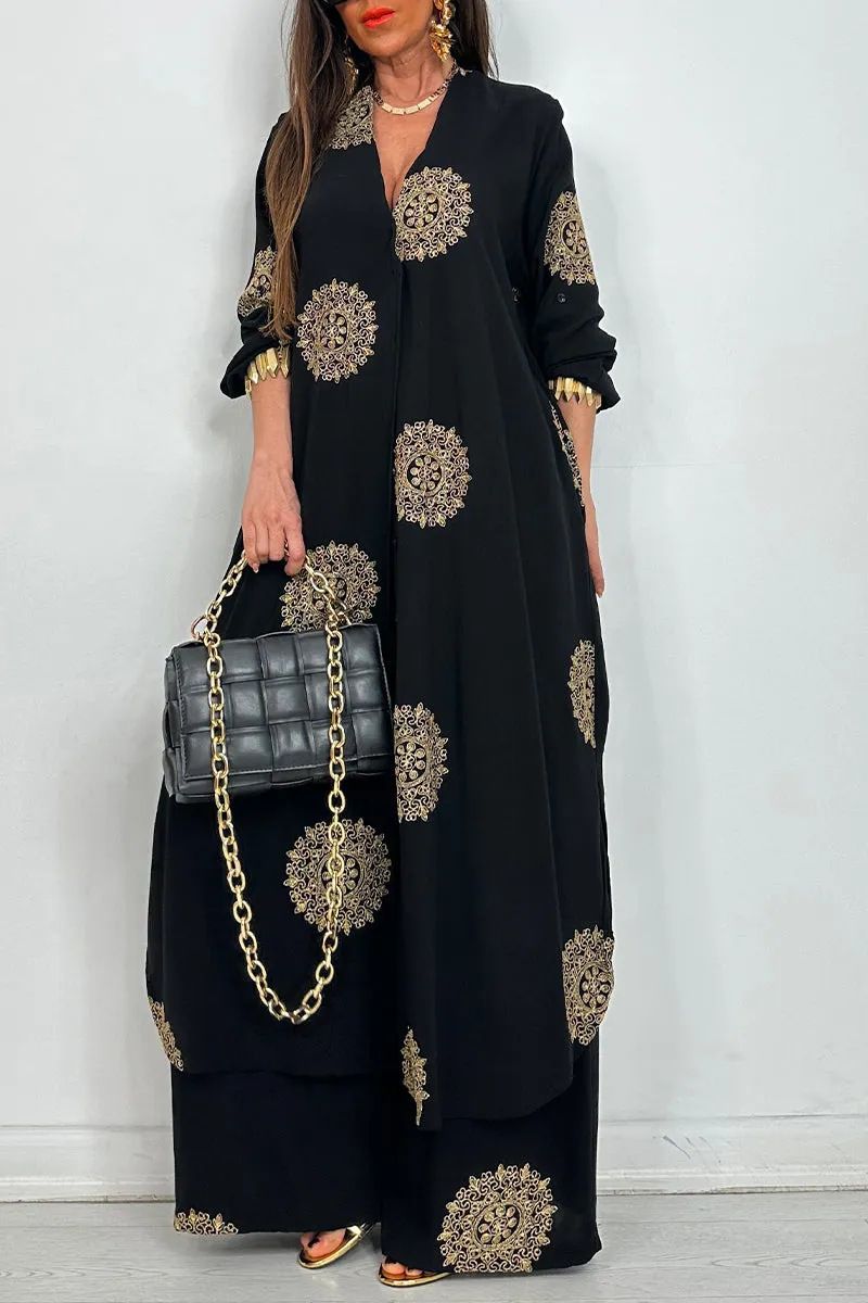 Women's Clothing Middle Loose Long Printed Robe Top Wide Leg Pants Two Piece Set_ecoleips.com