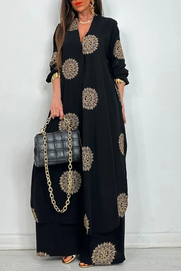 Women's Clothing Middle Loose Long Printed Robe Top Wide Leg Pants Two Piece Set_ecoleips.com