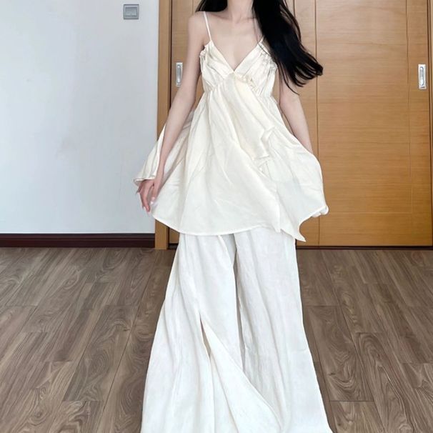 Lazy Casual Style Suit, Spring And Autumn, Loose V-Neck Suspender Top, Low-Waisted Floor-Length Feeling, Wide-Leg Culott_ecoleips.com