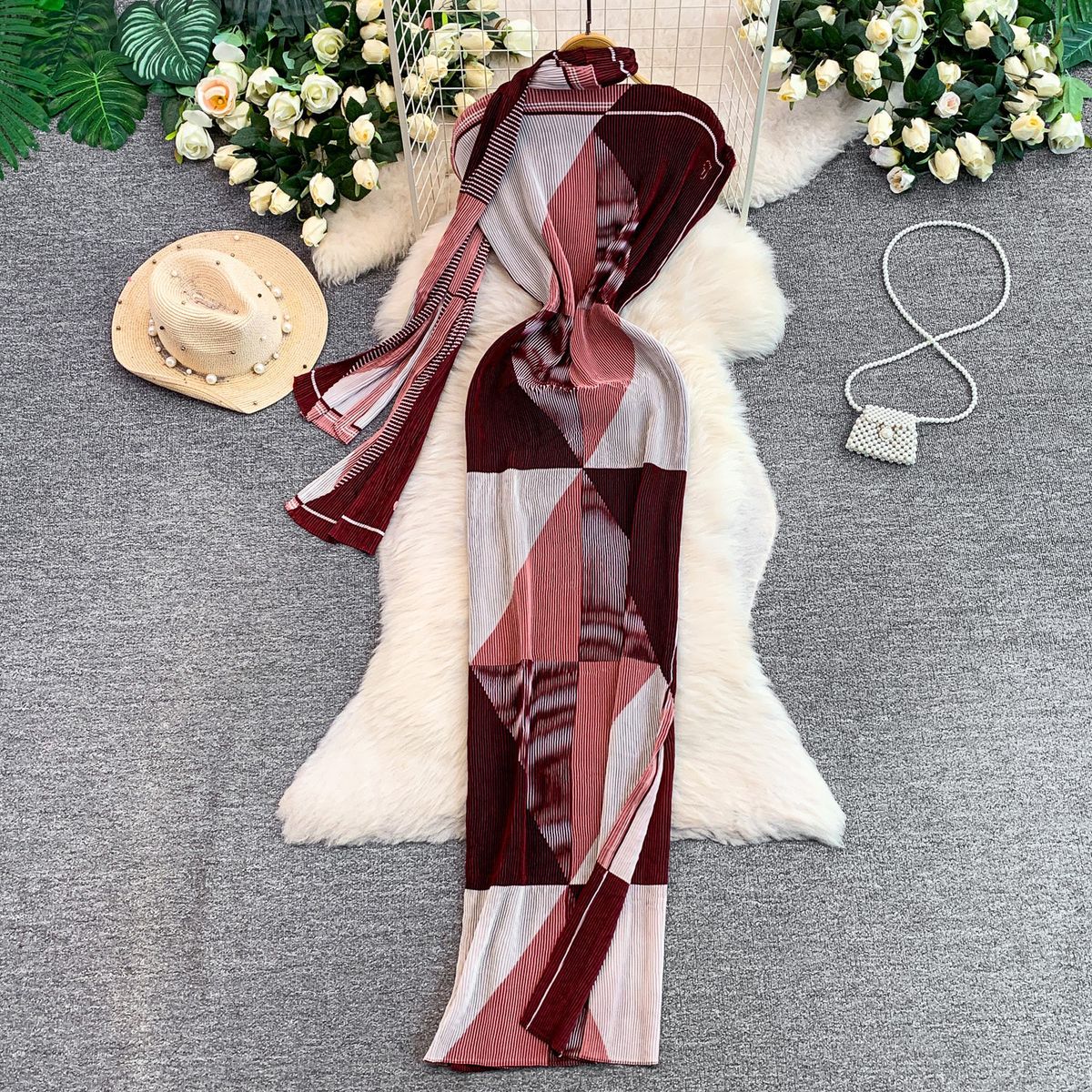 Romantic Style Printed Pleated Dress European American Elegant Ribbon Slim Fit Slit Long Skirt for Women_ecoleips.com