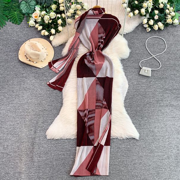 Romantic Style Printed Pleated Dress European American Elegant Ribbon Slim Fit Slit Long Skirt for Women_ecoleips.com