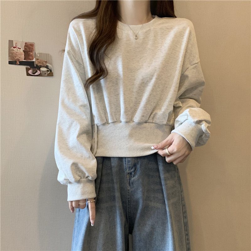 American-style Real Shot Of Korean Autumn Round-neck Buttoned Waist-slimming Long-sleeve Short Pullover Sweatshirt For_ecoleips.com