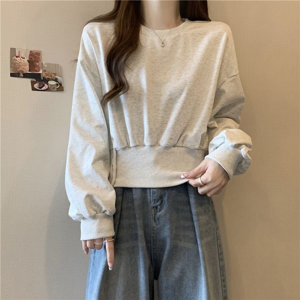 American-style Real Shot Of Korean Autumn Round-neck Buttoned Waist-slimming Long-sleeve Short Pullover Sweatshirt For_ecoleips.com