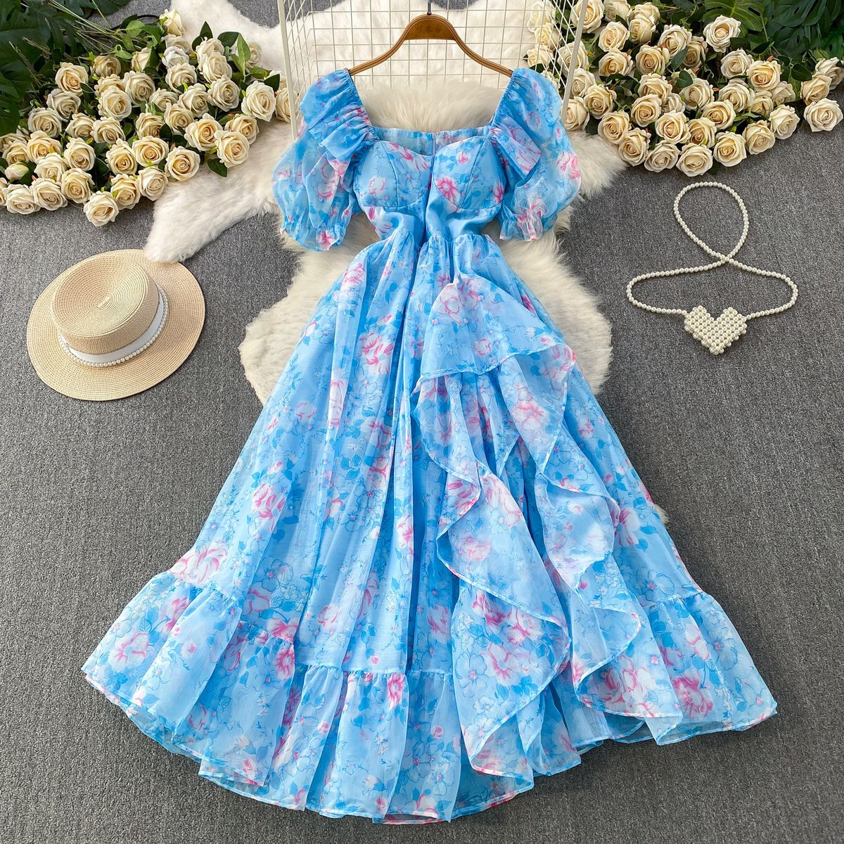Women's French Style Chiffon Printed Dress Square Neck Puff Sleeve Ruffles Slimming And Flattering for Vacation_ecoleips.com
