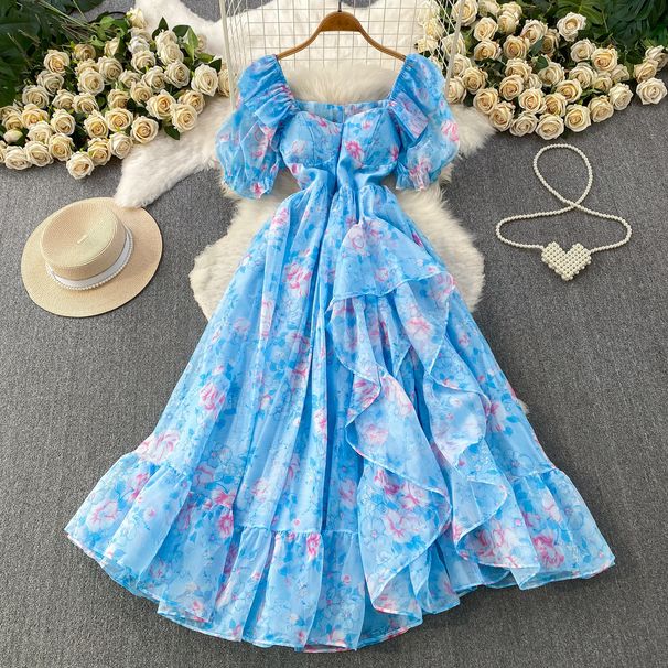 Women's French Style Chiffon Printed Dress Square Neck Puff Sleeve Ruffles Slimming And Flattering for Vacation_ecoleips.com