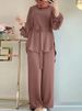 K Solid Color Drawstring Tie Two-piece Round Neck Top, Wide Leg Pants, Elegant Women's Suit_ecoleips.com
