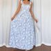 European American Style Sundress Blue White Floral Print Maxi Dress Casual Summer Women's Long Dress_ecoleips.com