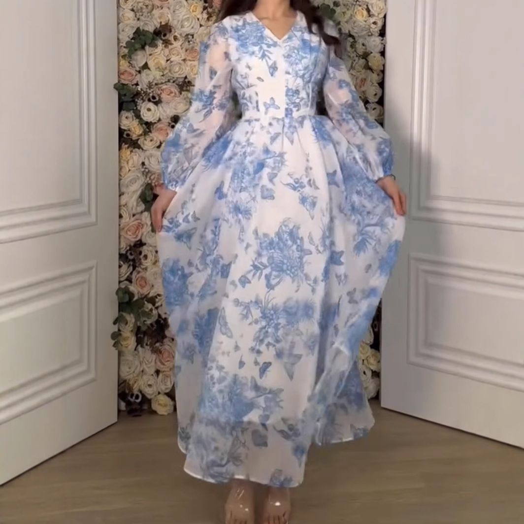 Women's Clothing New Printed Waist Slim Blue Temperament Dress_ecoleips.com