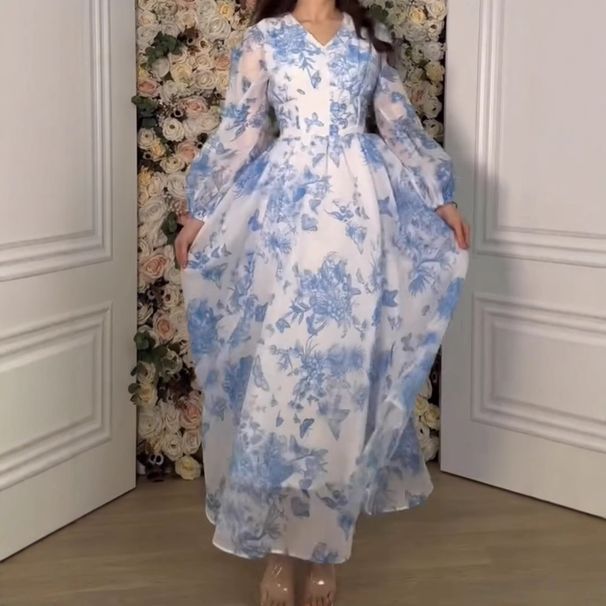 Women's Clothing New Printed Waist Slim Blue Temperament Dress_ecoleips.com