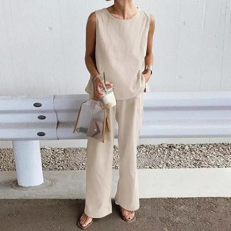 Women's Summer Casual Two-Piece Set Sleeveless Wide Leg Pants Style Loose Fit Solid Color Trendy_ecoleips.com