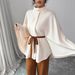 European American Style Women's Wool Blend Short Coat With Stand Collar, Flared Sleeves, Waist Tie, And Belted Design_ecoleips.com