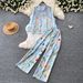 Korean Style Floral Print Two-Piece Set Women's Autumn Polo Shirt & Wide Leg Pants Outfit_ecoleips.com