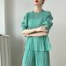 Audday Heavy Pleated Summer 2025 Elegant Two-Piece Slimming Beaded Short Sleeve Top Loose Casual Wide-Leg Pants Set_ecoleips.com
