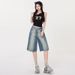 Vintage Blue Distressed Washed Denim For Women, New Summer Style, High-waisted, Loose-fitting, Slimming, Straight-leg,_ecoleips.com