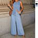 New American Solid Color Loose And Fashionable Long Sleeved Denim Suit Style Wide Leg Pants_ecoleips.com