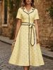 Polka Dot V Neck Button Down Waist Tie Dress Style Drape French Chic Women's Fashion_ecoleips.com