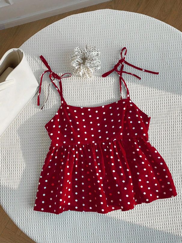 Women's Polka Dot Crop Cami With Spaghetti Straps And Flared Hem Polka Dot Camisole Babydoll Top Babydoll Tops Polkadot Top Cute_ecoleips.com