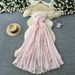 Women's French Style Spaghetti Strap Long Dress Sweet And Innocent Ruffled Waist Crossover Backless Summer Vacation Dress_ecoleips.com