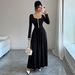 Elegant Black Midi Dress for Women Square Neck Long Sleeve A-Line Flowy Office Wear Daily Casual Dress_ecoleips.com
