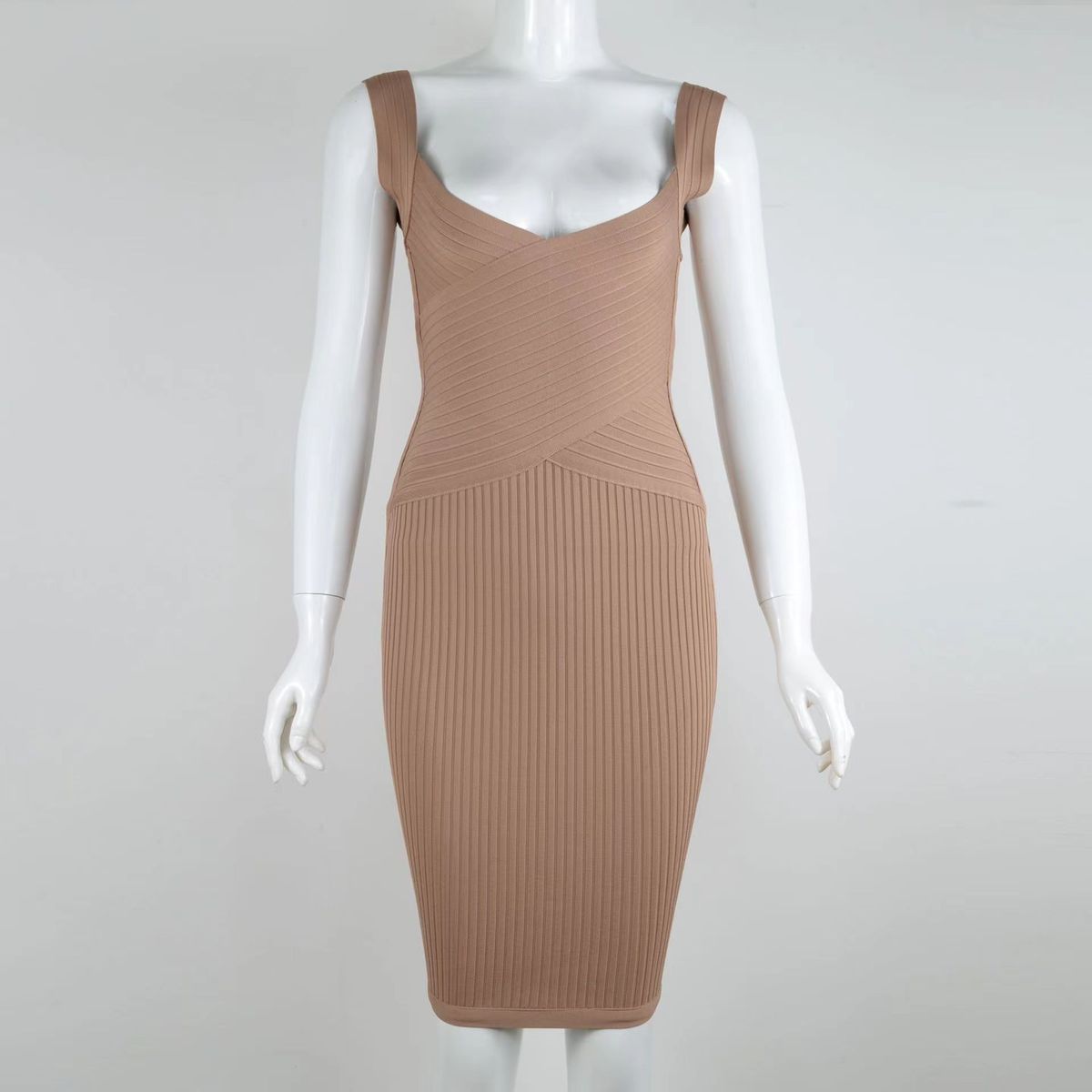 Foreign Trade European And American Style Sleeveless Bandage Base V-neck For Women Slim Fit Mid-length Bodycon Dress_ecoleips.com