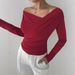 Off-Shoulder Long Sleeve Blouse – Slim Fit Pure Color Work-To-Weekend Top For Women (Black/Burgundy/Red/White)_ecoleips.com